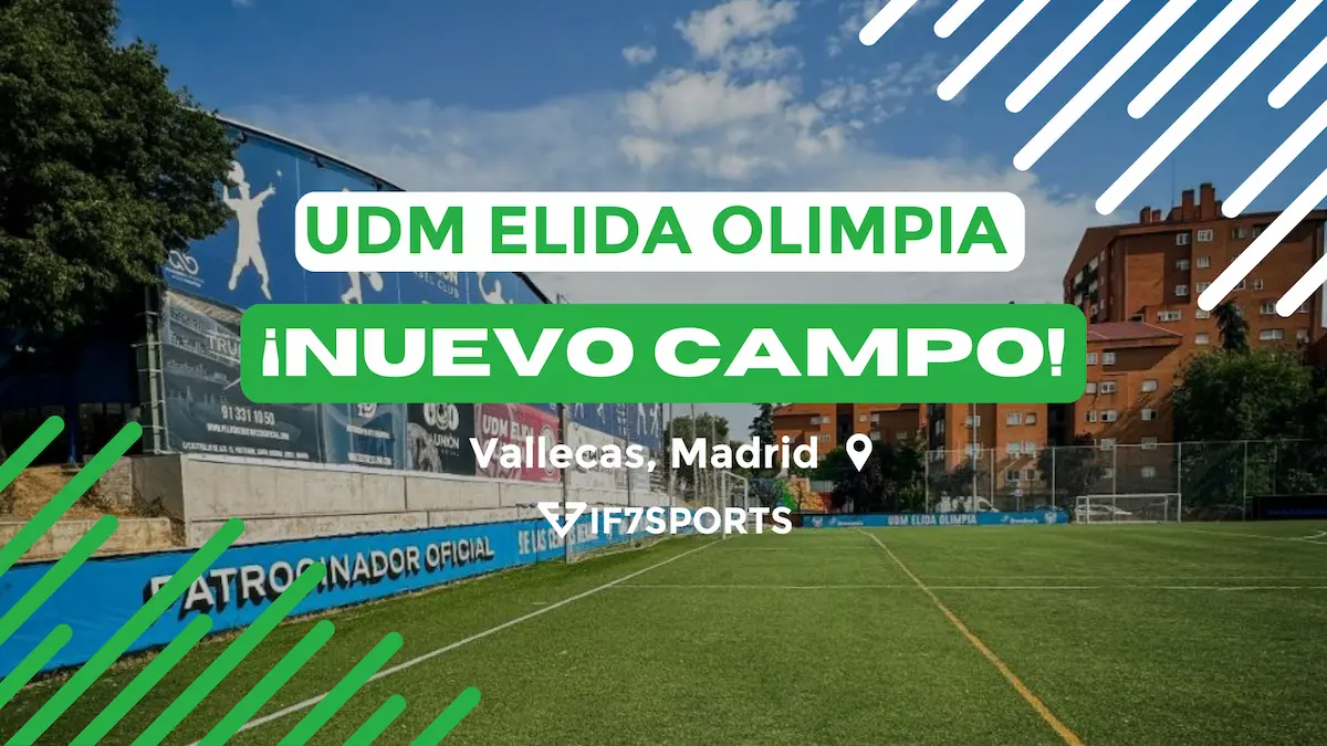 Announcement of the new UDM Elida Olimpia field in Vallecas with artificial turf and IF7SPORTS signage in the background