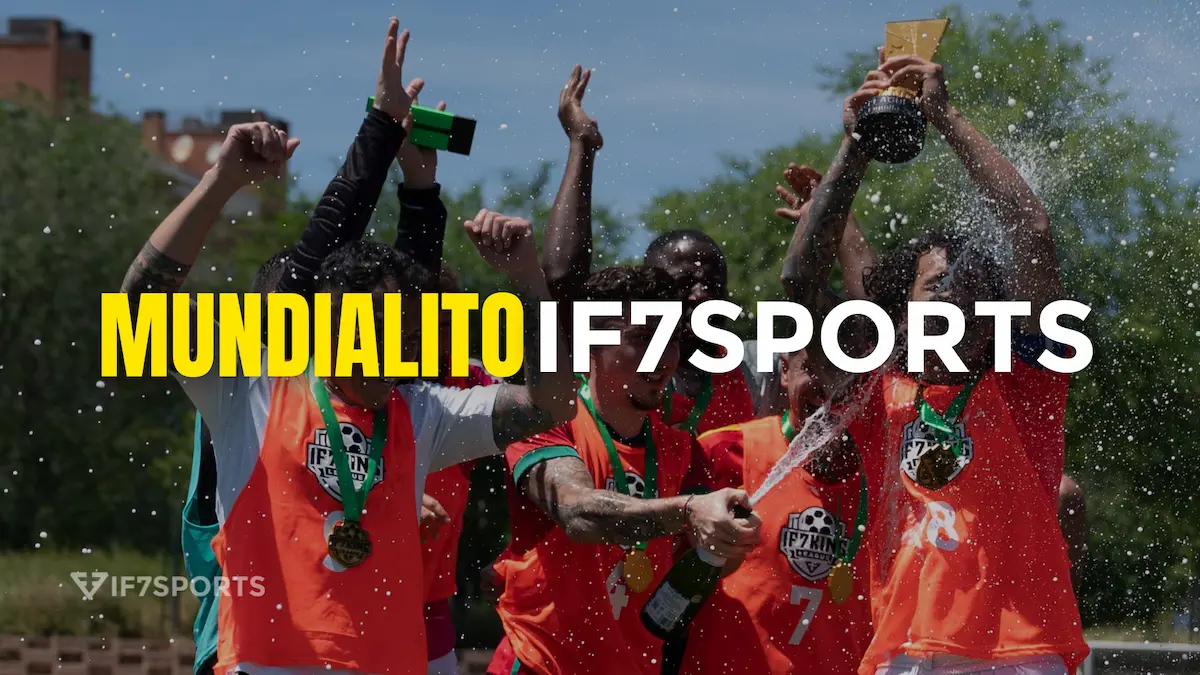 Players celebrating with trophies and medals at the IF7SPORTS World Cup, an international amateur football event.